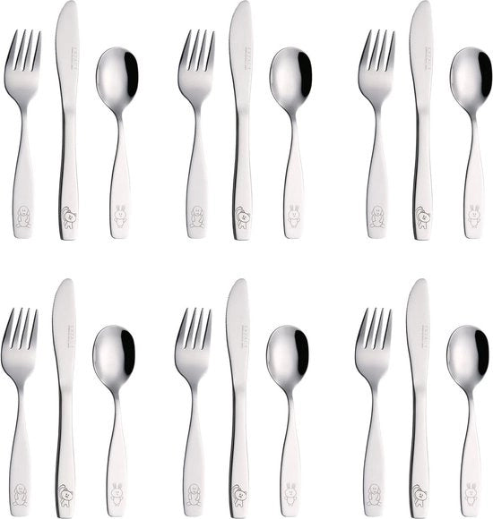 Set da bambino, 18 pezzi in acciaio inossidabile, set da cucina per bambini con manico a martello, set da cucina per bambini con 6 forchette per bambini, 6 coltelli per bambini, 6 cucchiai per bambini