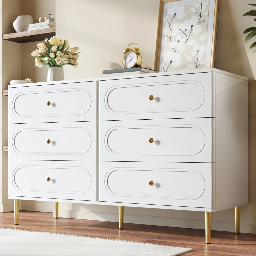 Sideboard bianco con 6 cassetti; frontali ovali e gambe in metallo; 120x40x75 cm