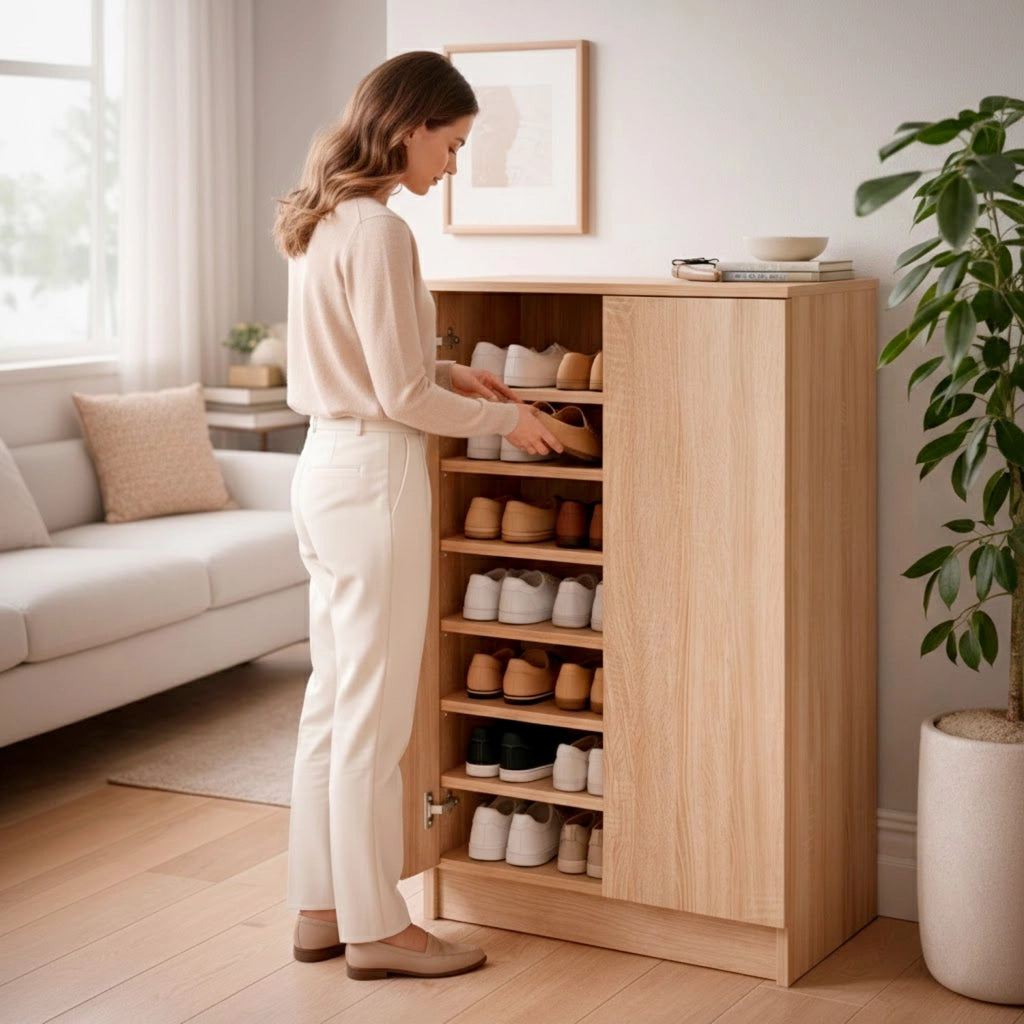 Mobile Porta Scarpe Armadio Multiuso Con 2 Ante E 6 Ripiani Estraibili Scarpiera Salvaspazio Design Moderno Minimal Per Ingresso Corridoio Camera Ripostiglio 108 X 55 X 39.6 Cm Rovere