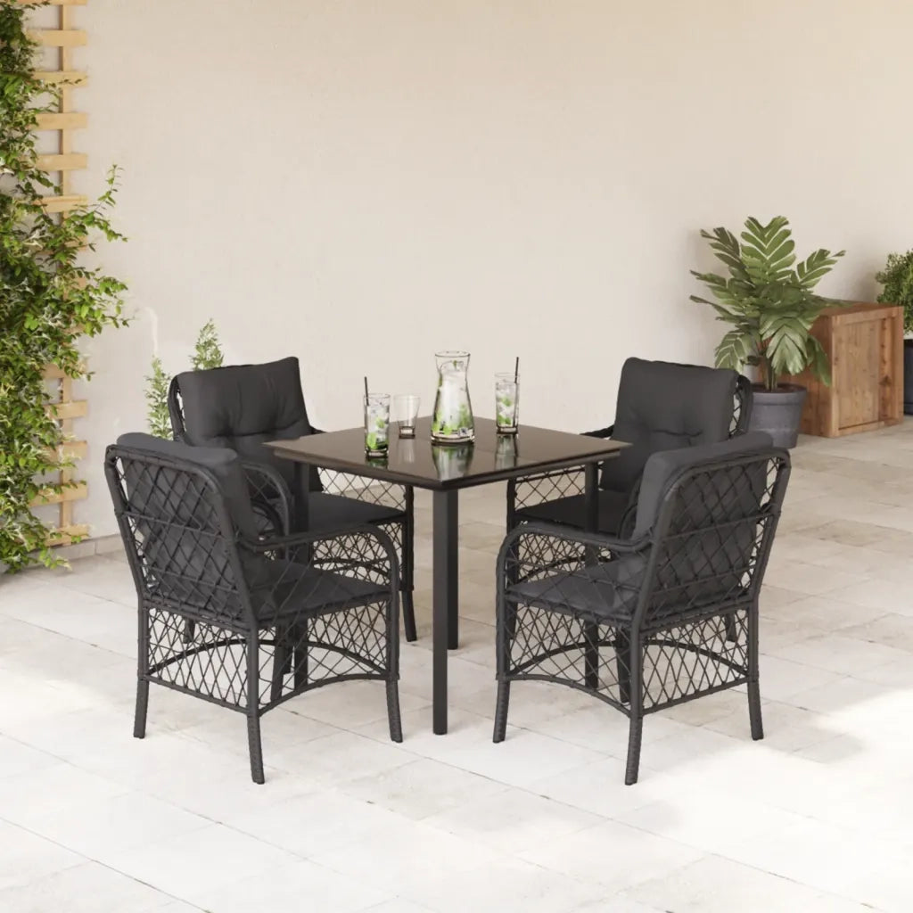 Set da Pranzo da Giardino 5 pz Nero con Cuscini in Polyrattan