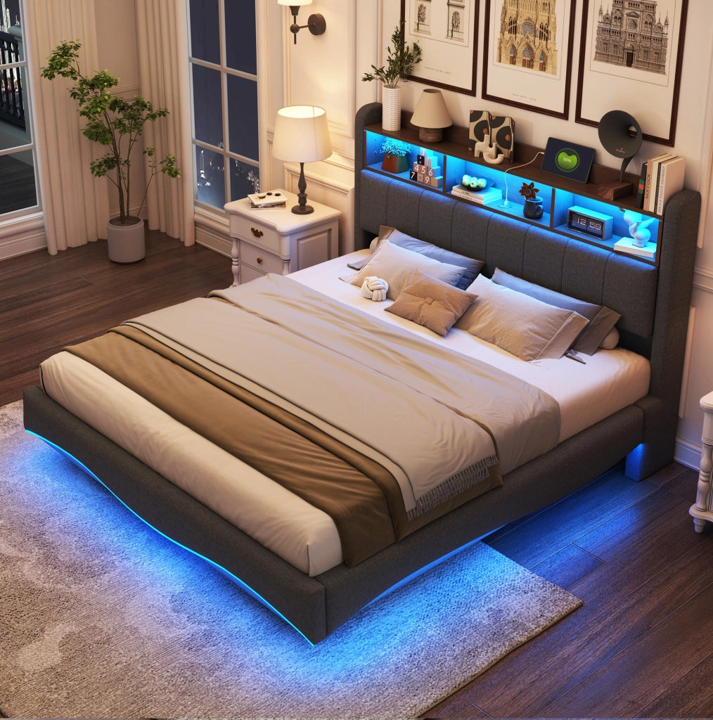 Letto imbottito sospeso 160x200 cm grigio con LED, USB/Type-C e vano testiera