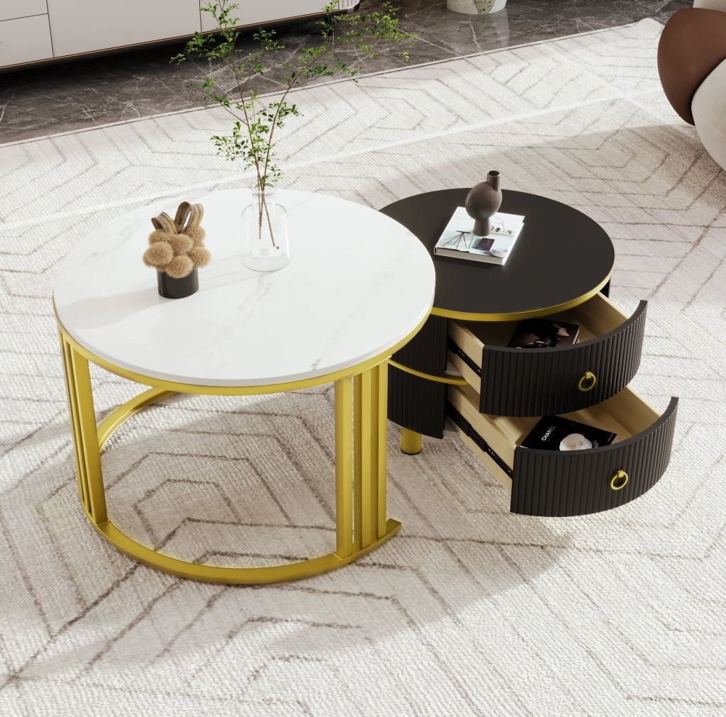 Set di 2 tavolini da caffè rotondi in MDF nero con piano effetto marmo e finitura lucida