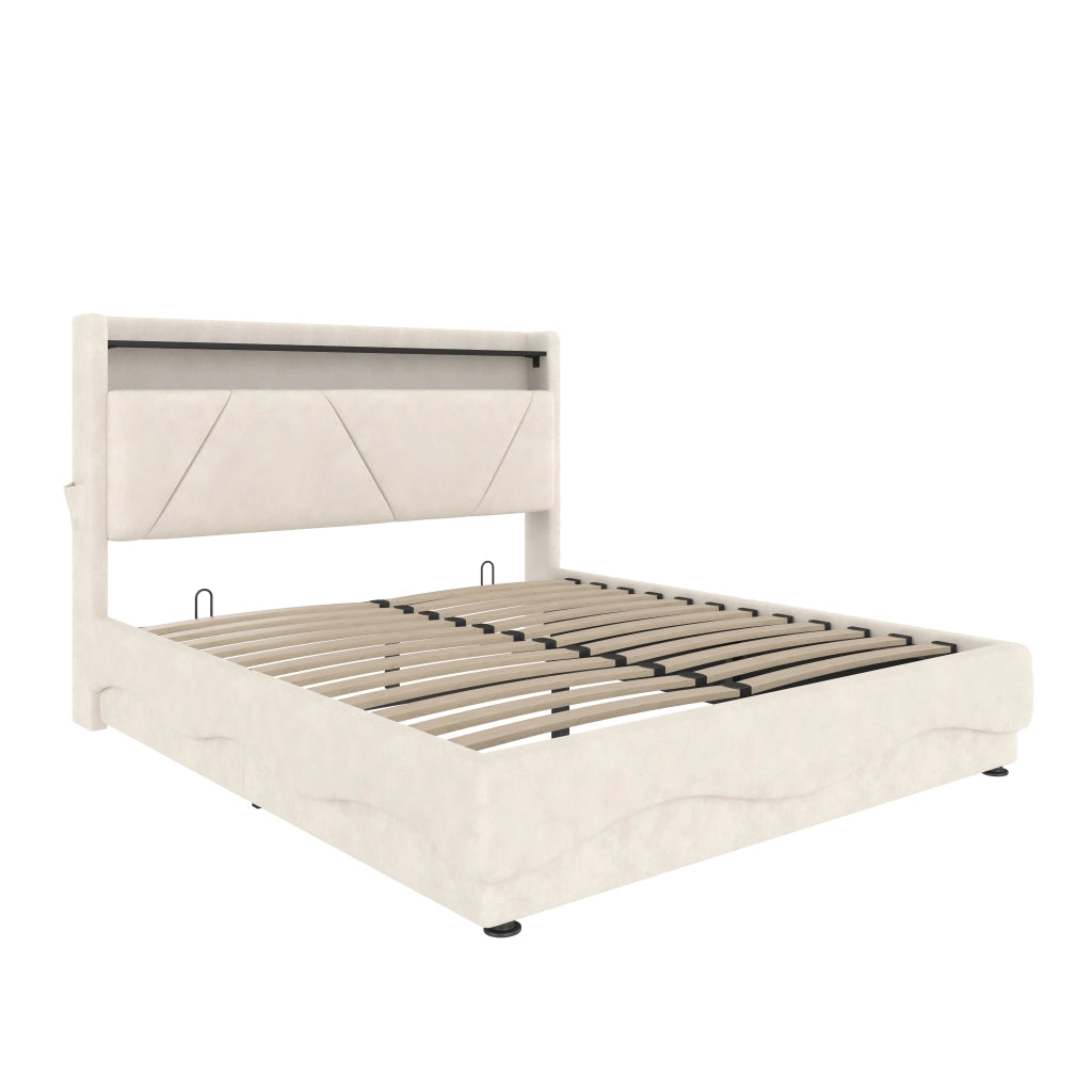 Letti contenitori 140x200 cm; testiera con ripiano e LED; velluto beige (Senza materasso)