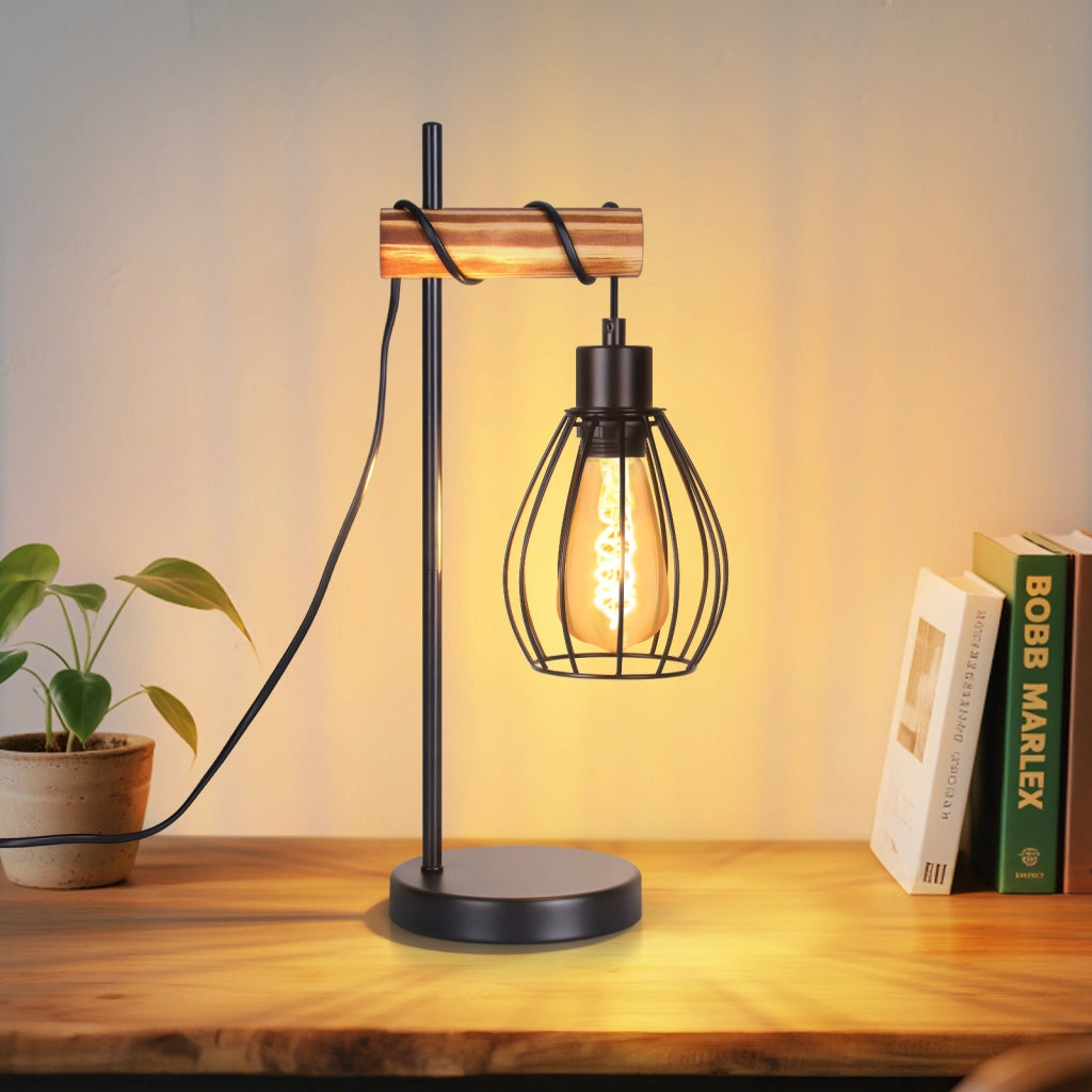 ZMH Lampada da tavolo vintage legno nero industriale metallo E27 senza lampadina per soggiorno ufficio