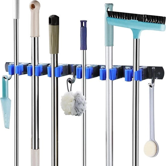 Fissatore di spazzola per muri con 6 prese - Sostegno per spazzola per muri con 3 ganci - Ferro di fissaggio per muri senza perforazione - Adatto per cucine, bagni, garage, uffici, giardini