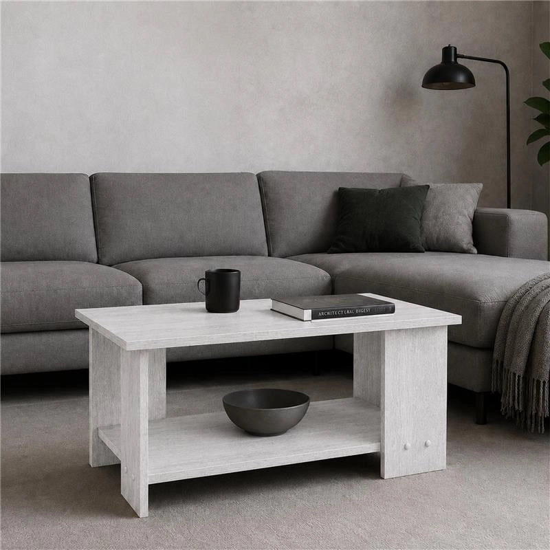 TAVOLO DA CAFFÈ IN LEGNO BIANCO CON RIPIANO E 4 SUPPORTI DIMENSIONI 89X48X42CM