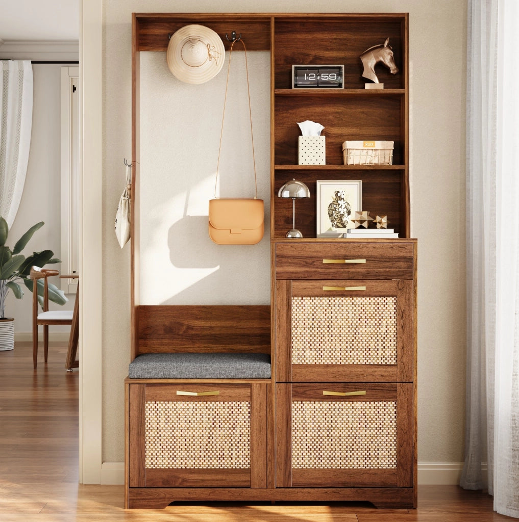 Guardaroba da ingresso 100x30x170 cm multifunzione con seduta; ante effetto rattan; MDF noce