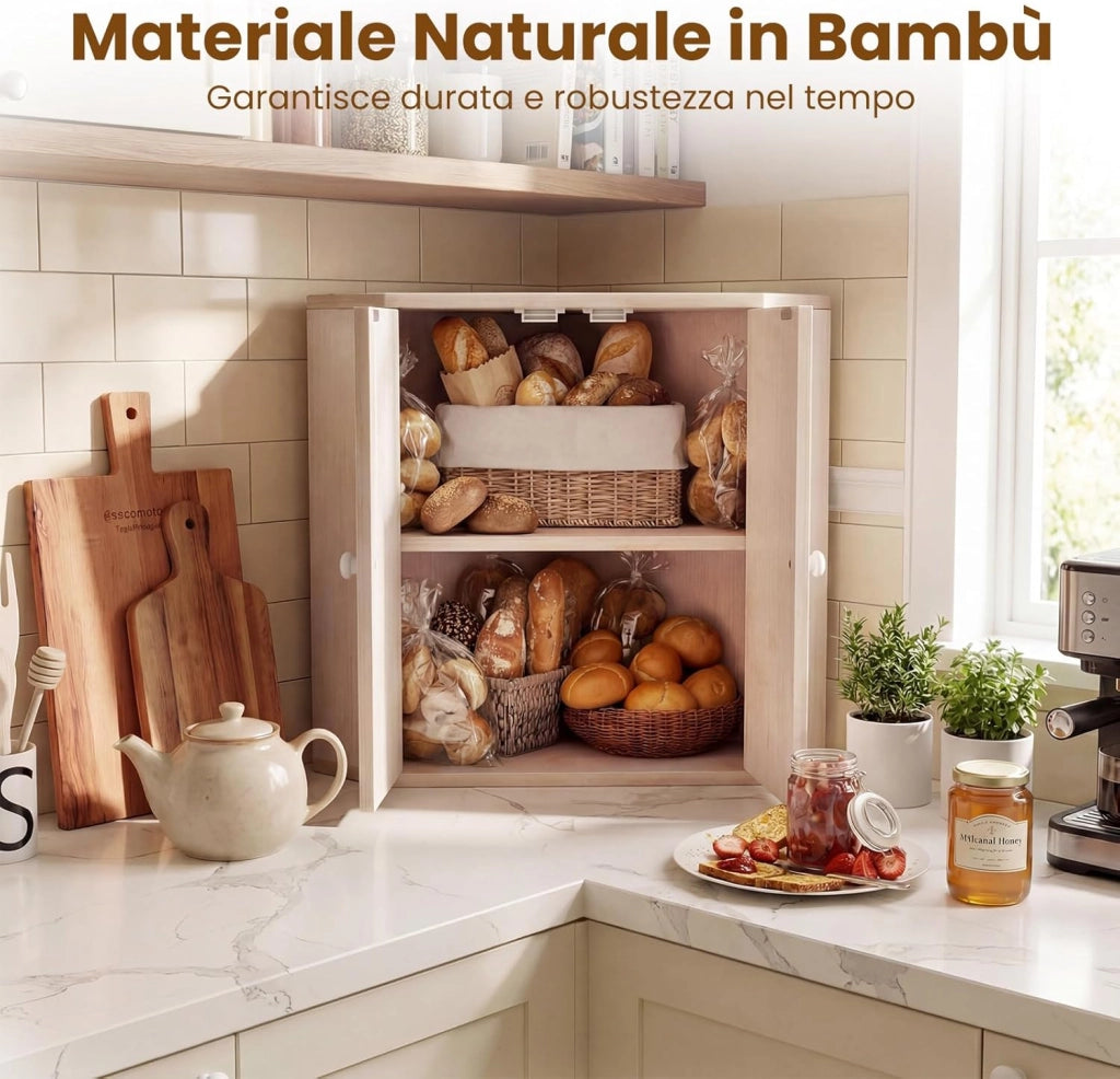Scatola Porta Pane Angolare, Organizzatore per Pane a Doppio Strato in Bamboo con Ripiano Regolabile, Contenitore Porta Pane Capiente per Bancone Cucina, 31x31x41 cm