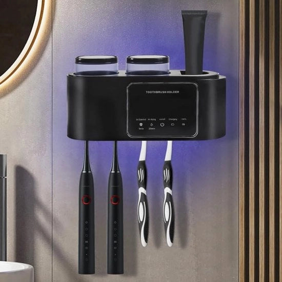 Titolare di spazzolino da denti - Montaggio a muro - Dispensatore automatico di dentifricio - Plastica lucida - Accessorio per la stanza da bagno - Adatto per tutta la famiglia