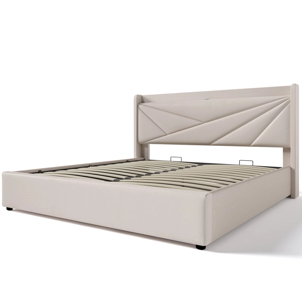 Letto Contenitore Imbottito con USB ¨C MINIMAL ¨C Tessuto Lino 180x200 con Doghe