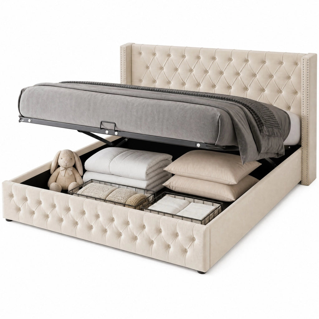 Letto matrimoniale imbottito stile Chesterfield 140x200 cm in velluto beige con contenitore