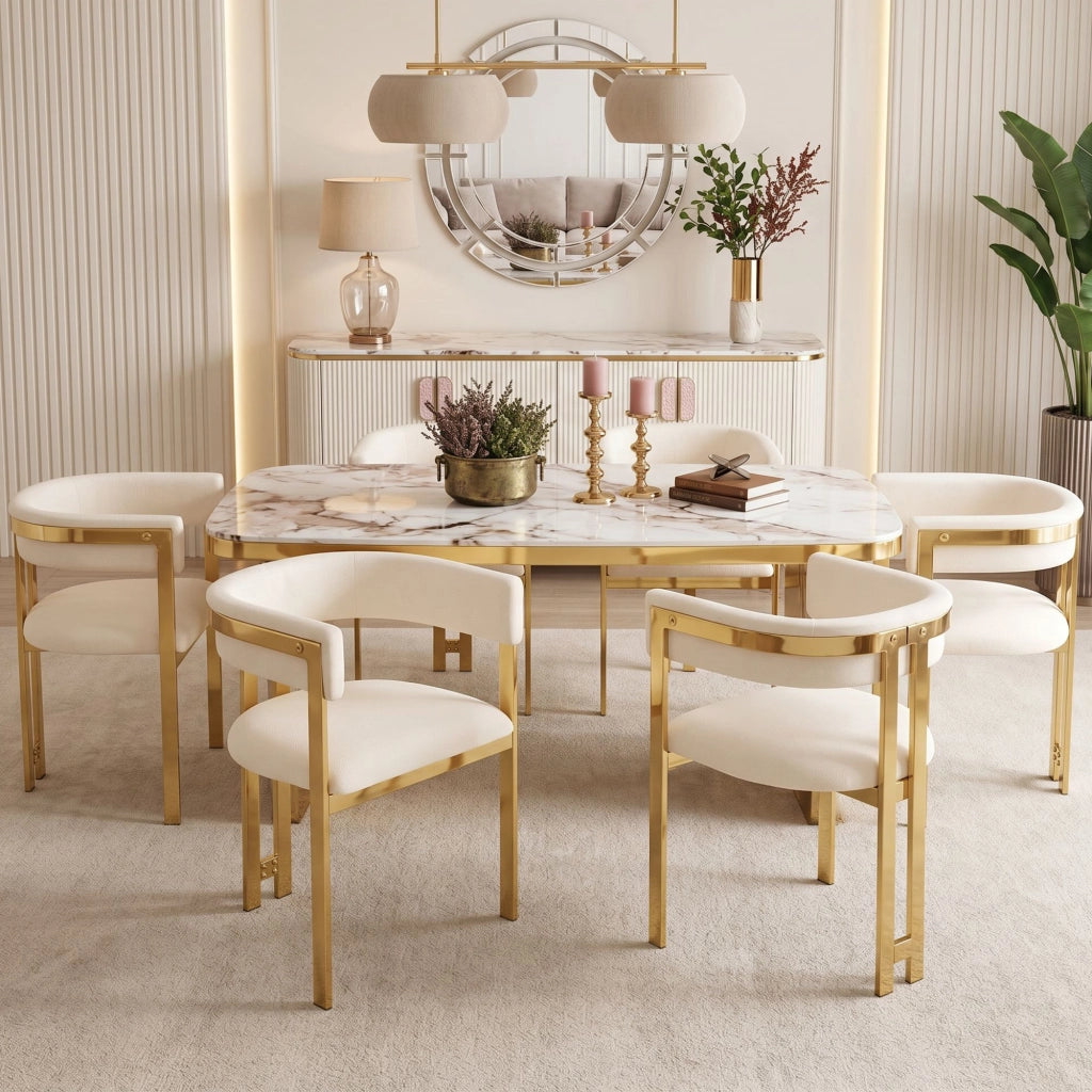 2 sedie da pranzo in chenille beige e oro, schienale semicircolare, struttura in metallo, set da 2
