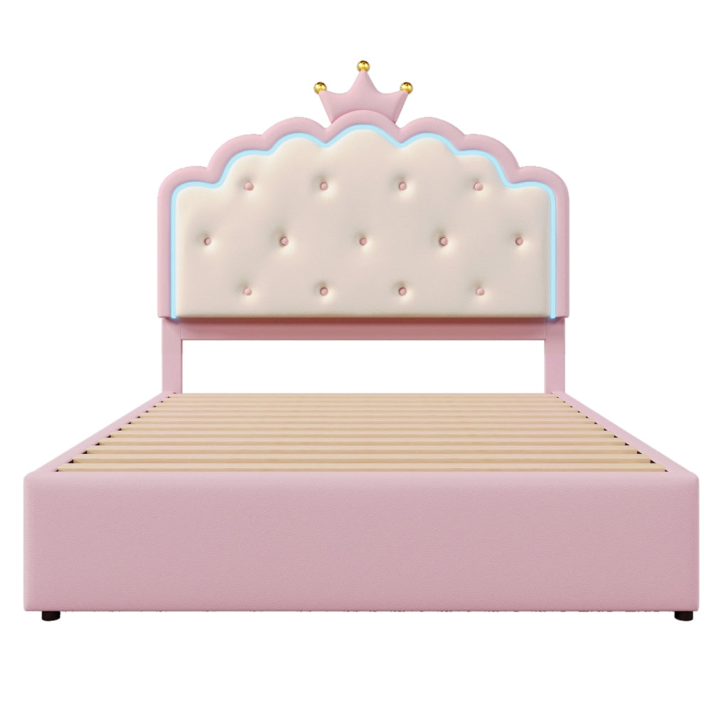 Letto imbottito 140x200 cm; luci LED e cassetti; PU; rosa (Senza materasso)