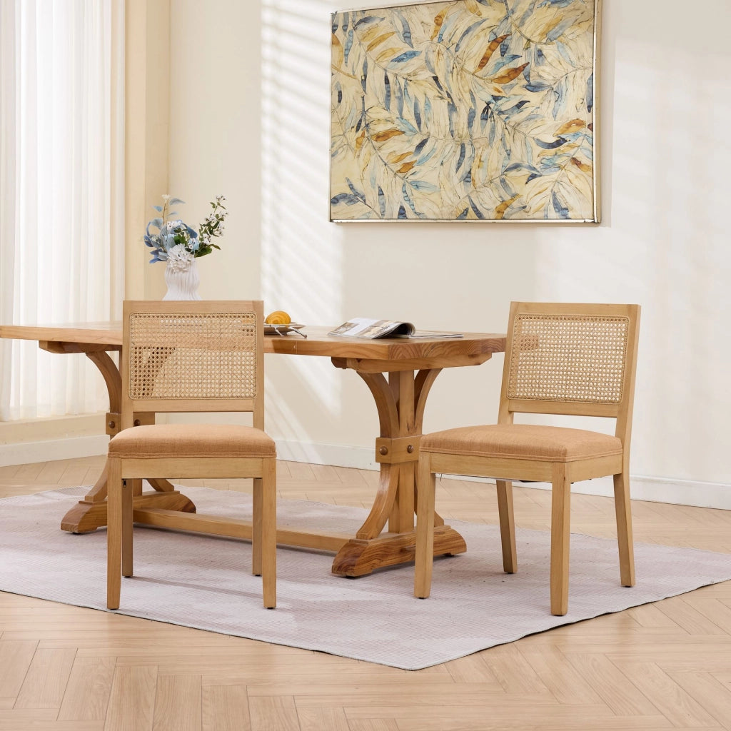 Set di 2 sedie da pranzo, schienale in vimini, stile rustico, struttura in legno, seduta imbottita, color legno naturale e marrone chiaro