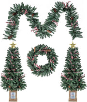Set di 2 Alberi di Natale in Vaso con Pigne, Stella e Ghirlanda | Decorazione Natalizia per Camino, Ingresso e Festa con Corona e Bacche Rosse Ghiacciate