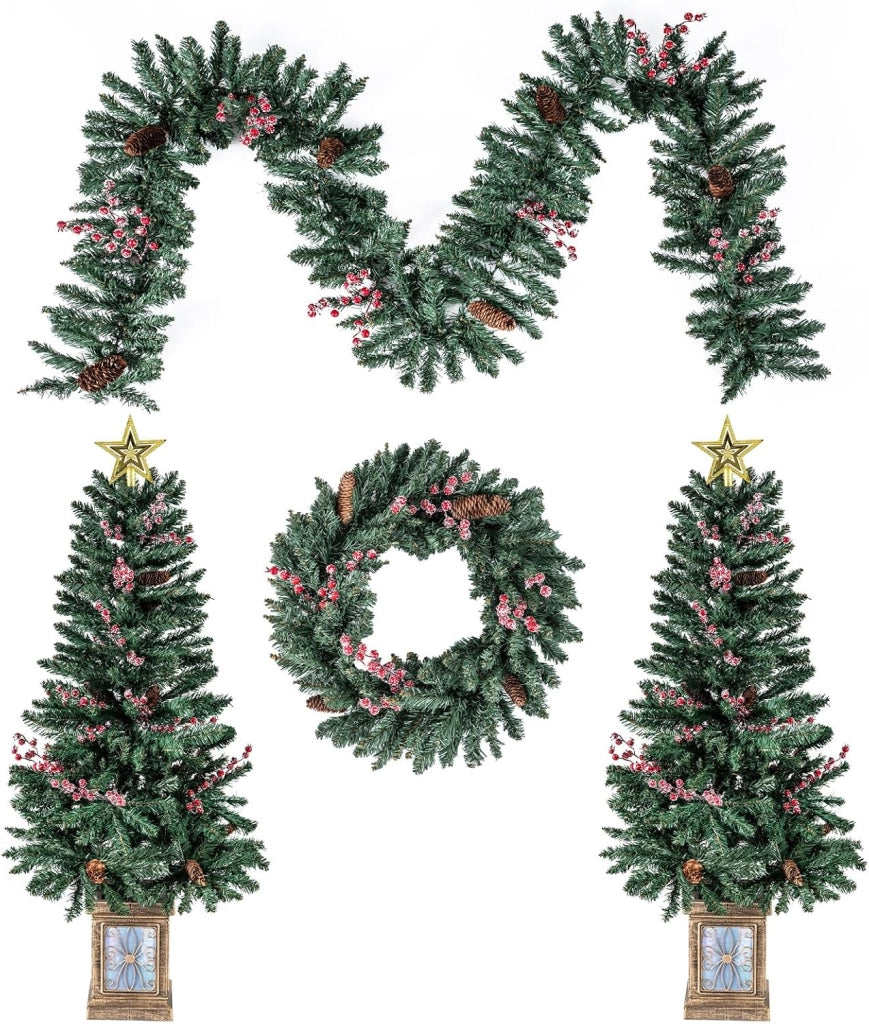 Set di 2 Alberi di Natale in Vaso con Pigne, Stella e Ghirlanda | Decorazione Natalizia per Camino, Ingresso e Festa con Corona e Bacche Rosse Ghiacciate