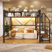 Letto a soppalco 140x200 cm con scaffale a gradini; vano portaoggetti e LED; in MDF e metallo nero
