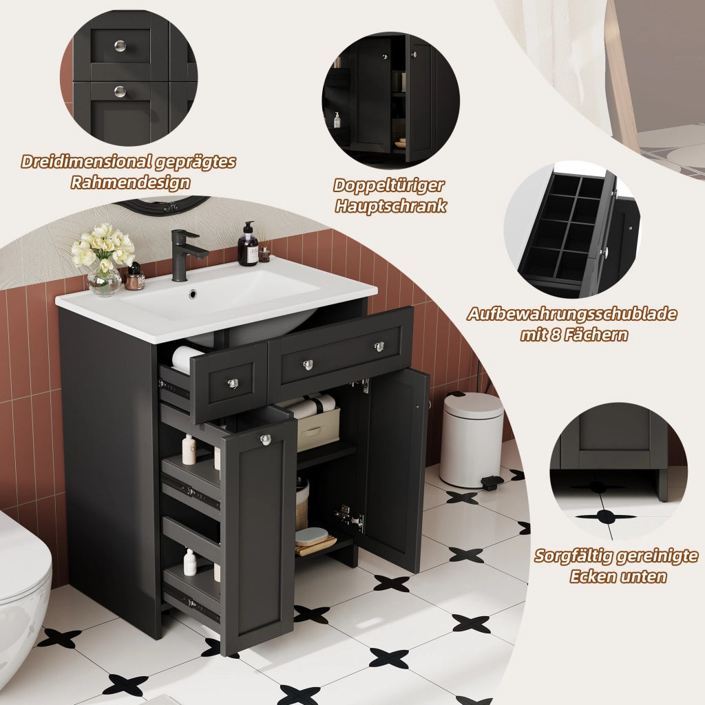 Mobile sottolavabo da bagno con lavabo in ceramica, 3 cassetti e 1 anta, MDF verniciato, nero, 76 × 47 × 86 cm