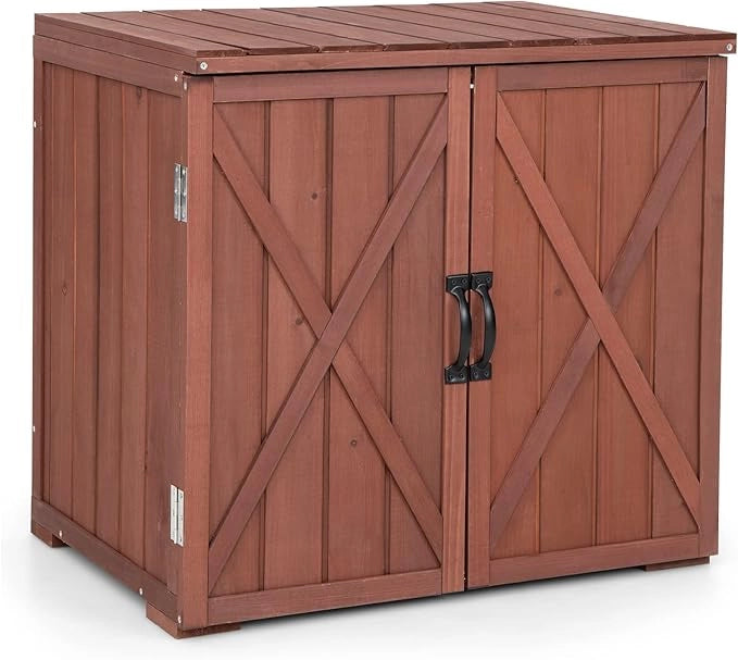 Casetta da Giardino in Legno di Abete, Capanno da Esterno con Doppie Ante Magnetiche e Comode Maniglie, Ideale per Giardino, Giardino, Fattoria e Cortile, 77 x 56 x 72 cm