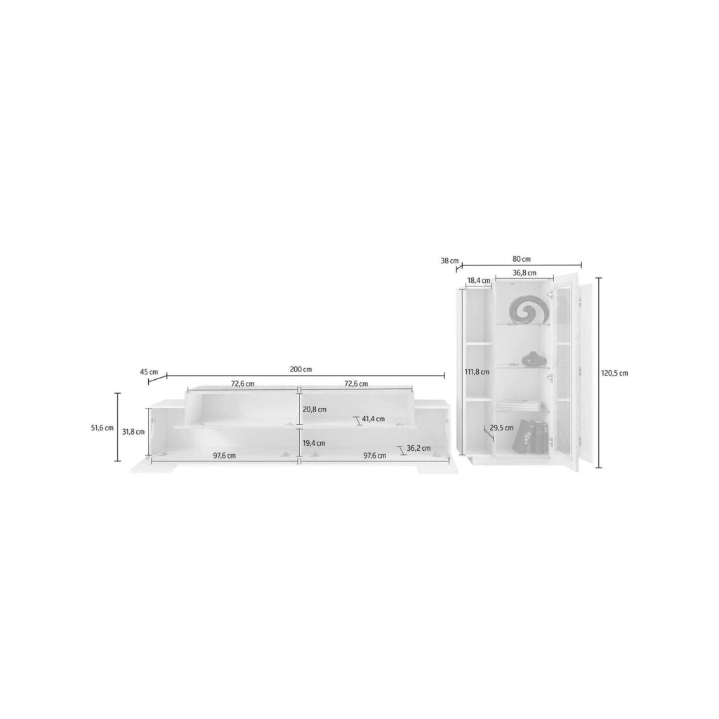 Parete attrezzata da soggiorno Anisia, Made in Italy, Porta TV a luce LED bianca, Set salotto moderno, cm 290x45h121, Bianco lucido e Cemento