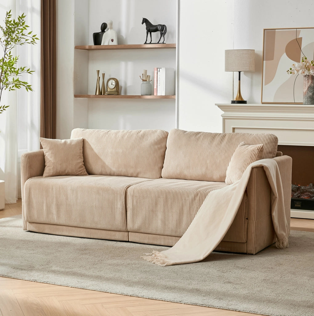 Divano letto 182x88x84 cm in tessuto beige, per piccoli spazi