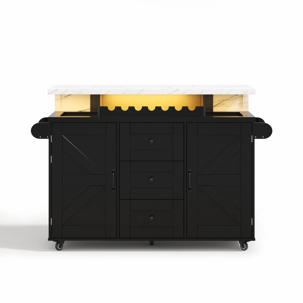 Isola cucina mobile con piano ribaltabile, LED RGB, 2 ante, 3 cassetti e portabicchieri 138x60x93 cm nera