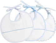 Set di 3 pannelli di cotone bianco per baby con contenitore Aida per cucito a maglia. Protegge i vestiti del bambino contro le macchie di latte, vomito e muco. 100% realizzato in Italia. Bianco e azzurro cielo.