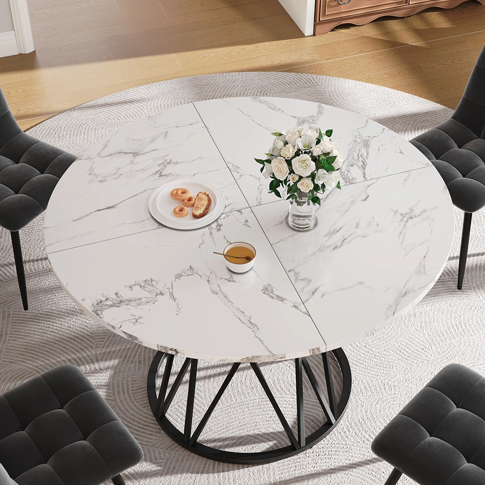 Set tavolo-Xylo-100cm rotondo 4 sedie grigio piedi neri piano marmorizzato