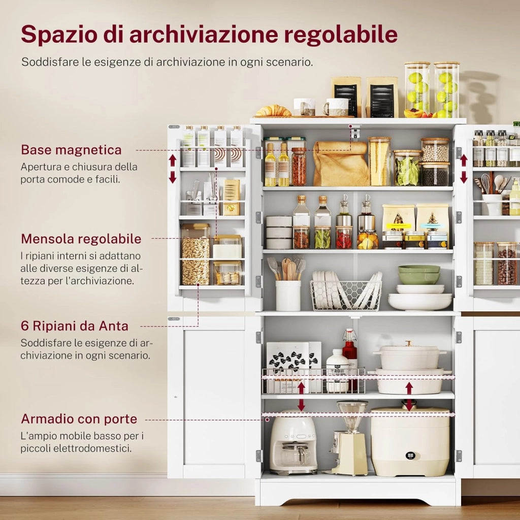 Mobile Dispensa Cucina larghezza 60 cm, Armadio 4 Ante altezza 130 cm con Ripiani Regolabili e Portaspezie Integrata, Credenza Alta per Cucina, Soggiorno, Bianco