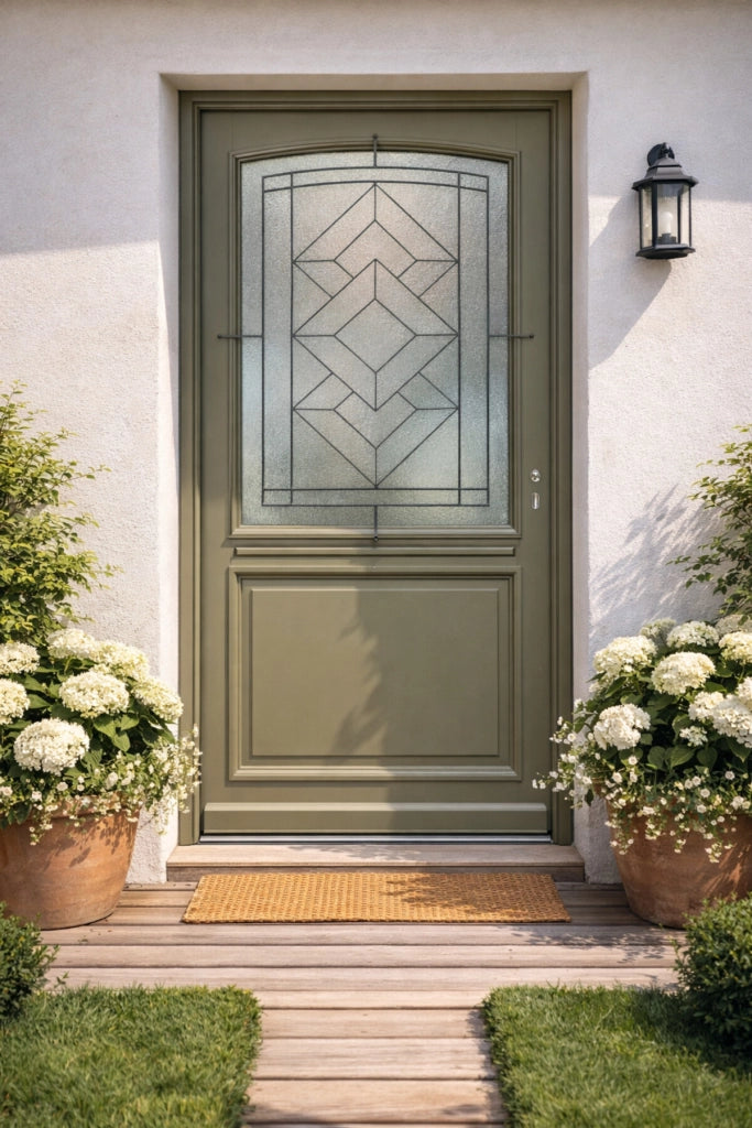 Porta d'ingresso in legno smaltato, Elsie, Verde RAL7002, H.215xl.90 p.sx Dimensione tavolo senza maniglia