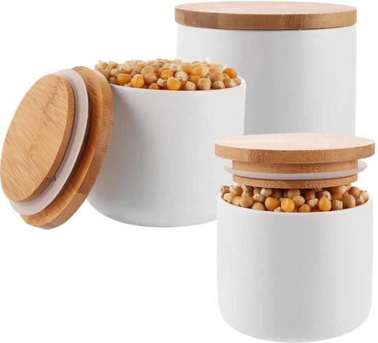 Set di contenitori ceramici con coperchio - 3 pezzi - 260 ml - contenitore per zucchero con coperchio - Bianco - contenitore per sale - sale - zucchero - caffè - tè - spezie contenitore per sale