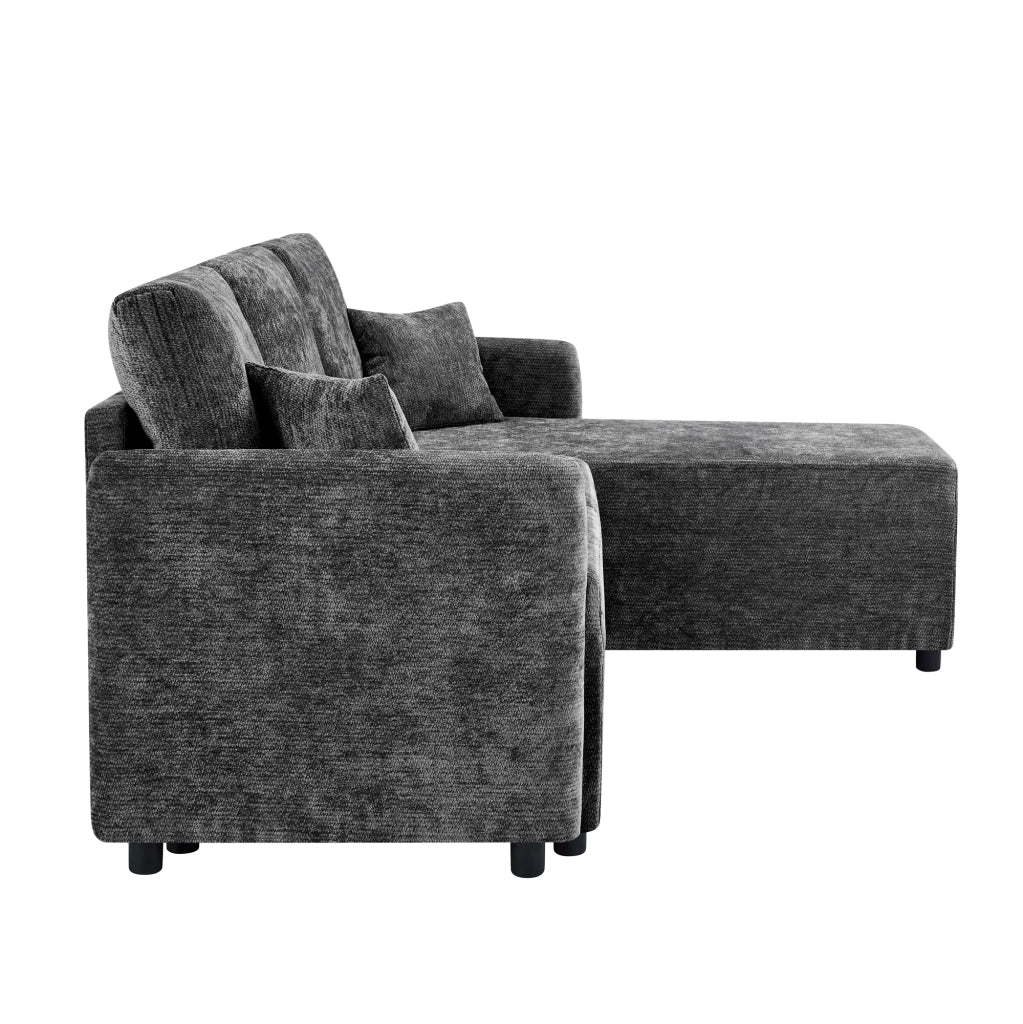 Divano angolare 3 posti - con area relax a L e 2 cuscini - in chenille nera