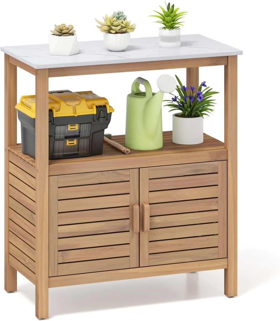 Armadio da Esterno Impermeabile in Legno di Acacia, Mobile Esterno Balcone con Piano di Lavoro in Resina, 2 Ante Persiana e Ripiano Aperto, per Piante e Attrezzi, Naturale, 80 x 40 x 90,5 cm