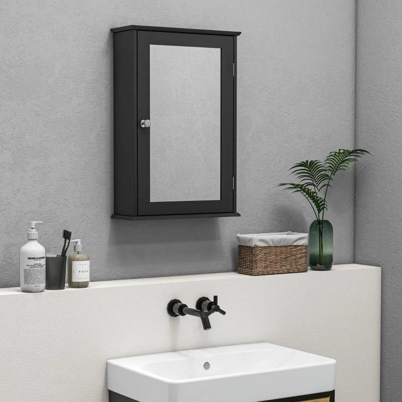 MOBILETTO BAGNO PENSILE CON SPECCHIO E ANTA A CHIUSURA MAGNETICA, 41X14X60 CM, NERO