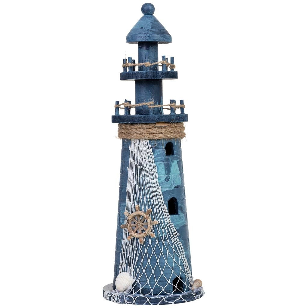 Figura decorativa a forma di faro in legno blu, 11x11x31h cm
