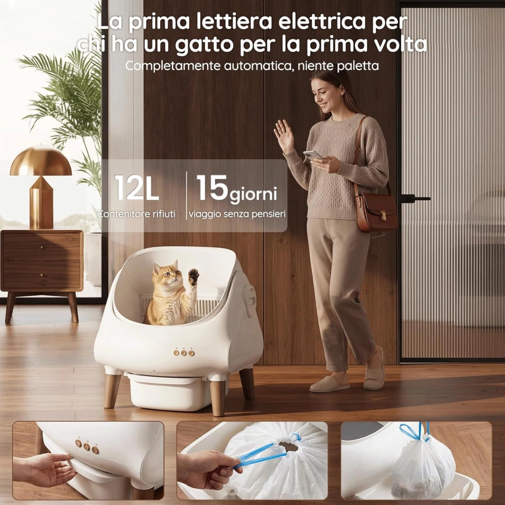 Lettiera Gatto Autopulente, Controllo tramite APP, Aperta Lettiera Automatica Gatto, XXL, per Gatti fino a 15 kg, Autopulizia per 15 Giorni, Adatta per Famiglie con Più Gatti