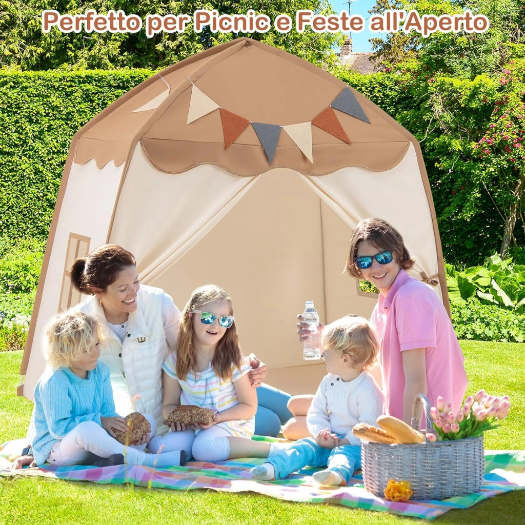 Tenda per Bambini con Luci Fatate e Bandierine, Tenda Casetta da Gioco con 2 Finestre, Tenda Gioco Castello Portatile per Interni ed Esterni, 157 x 98 x 148 cm (Marrone e beige)