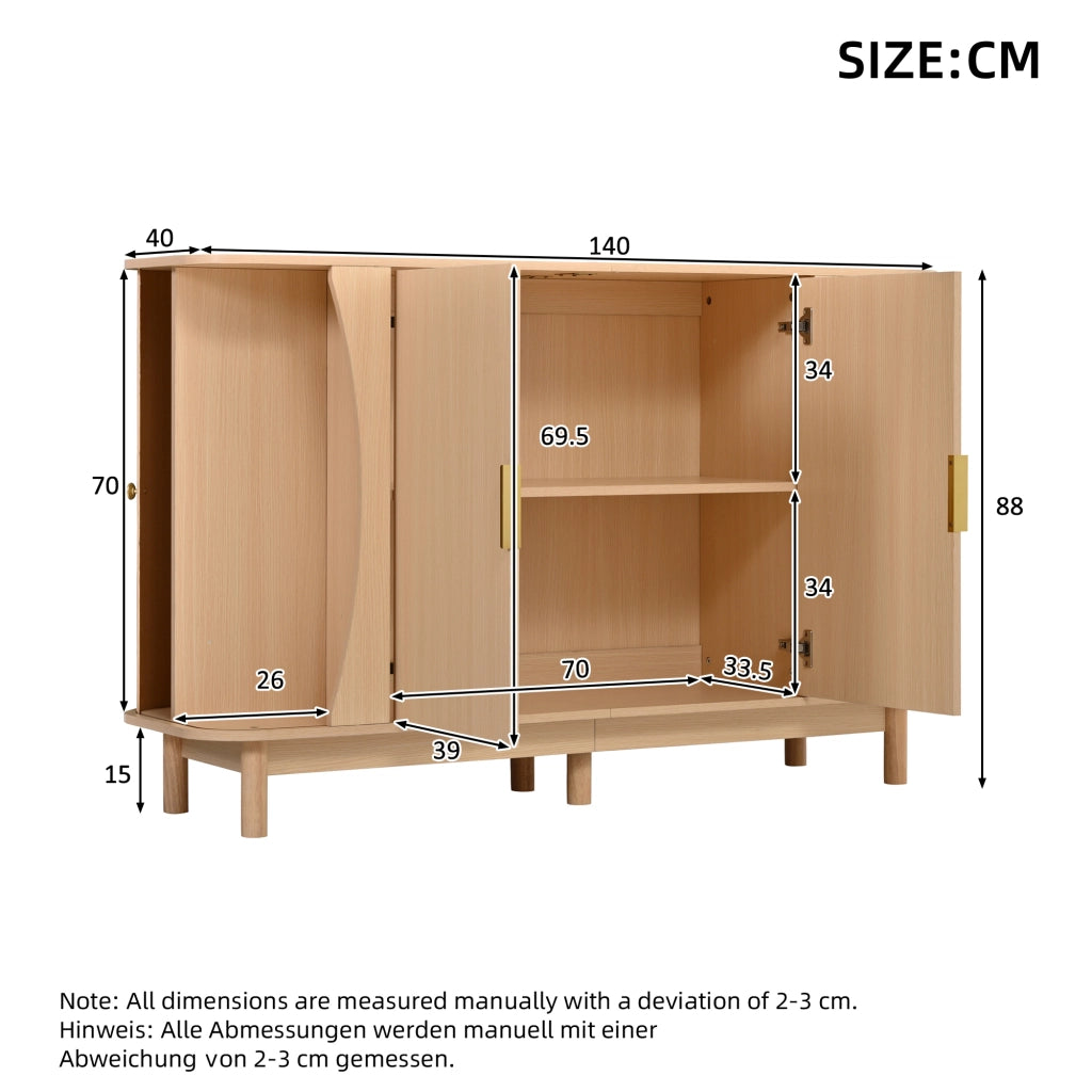 Credenza e madia con 2 ante scorrevoli e ripiano regolabile, per soggiorno, in MDF naturale, 140 × 40 × 88 cm
