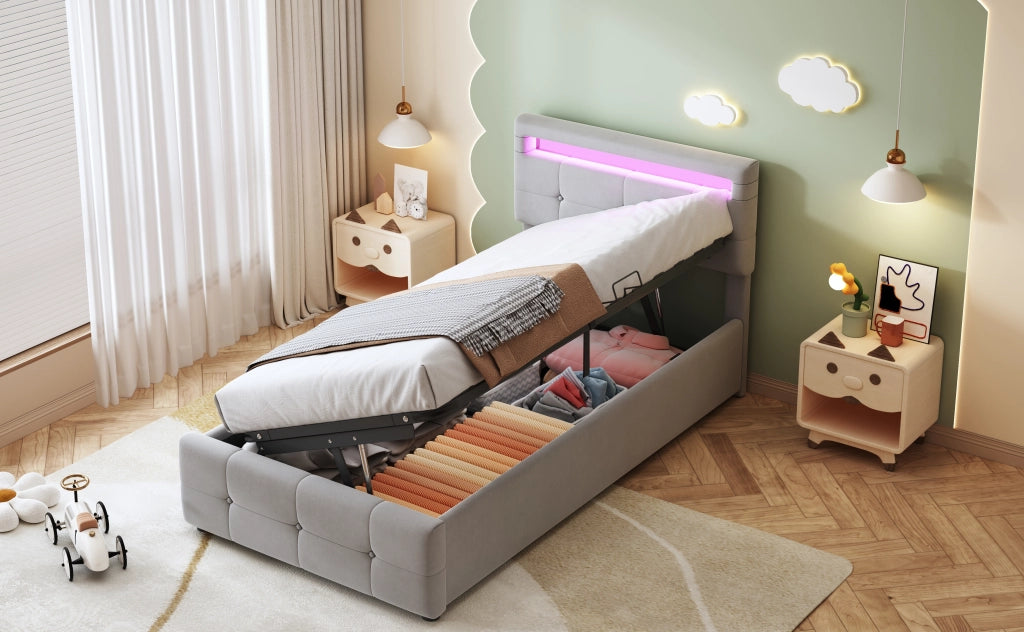 Letto bambino – 90x200 cm – LED contenitore idraulico testiera regolabile – velluto grigio