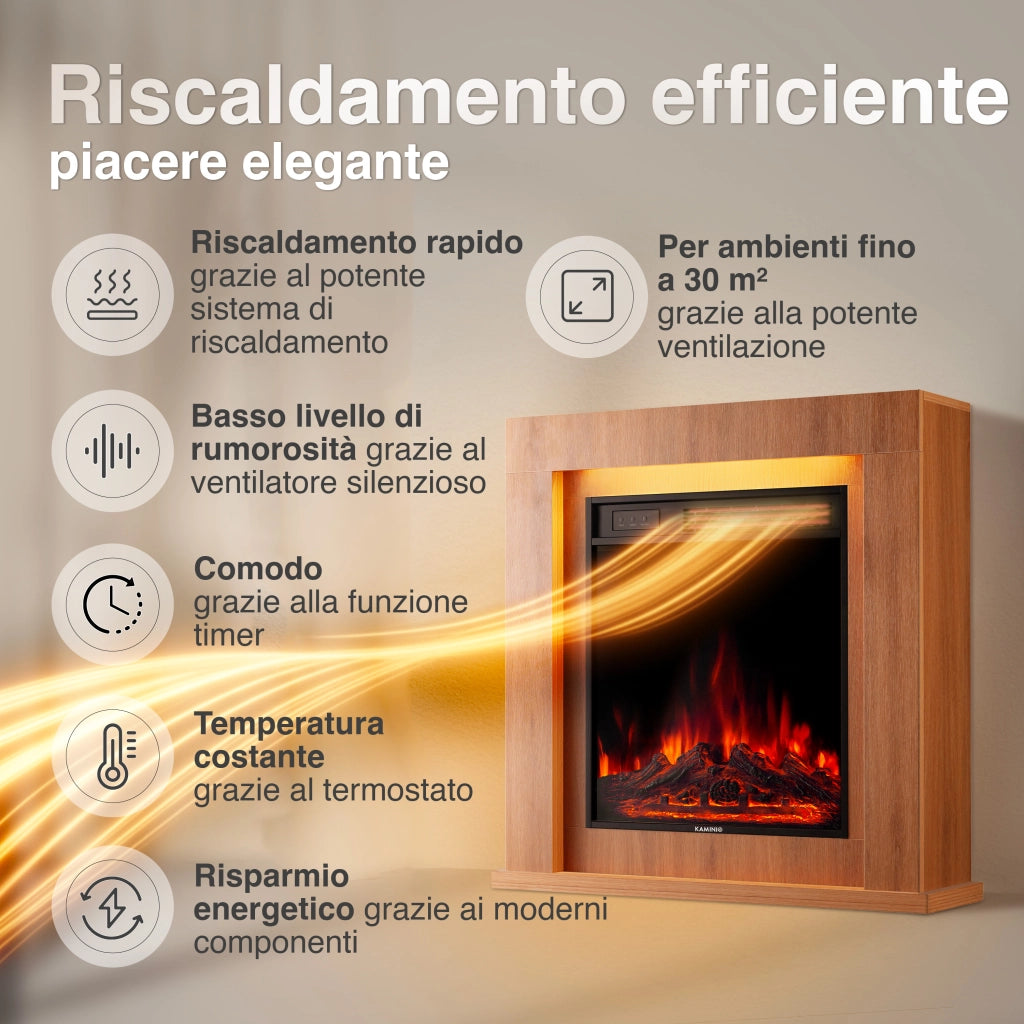 KAMINIO Camino elettrico MATTI - Caminetto da pavimento con riscaldamento, effetto fiamma 3D, luce ambiente a LED, telecomando - 32 pollici, Querica