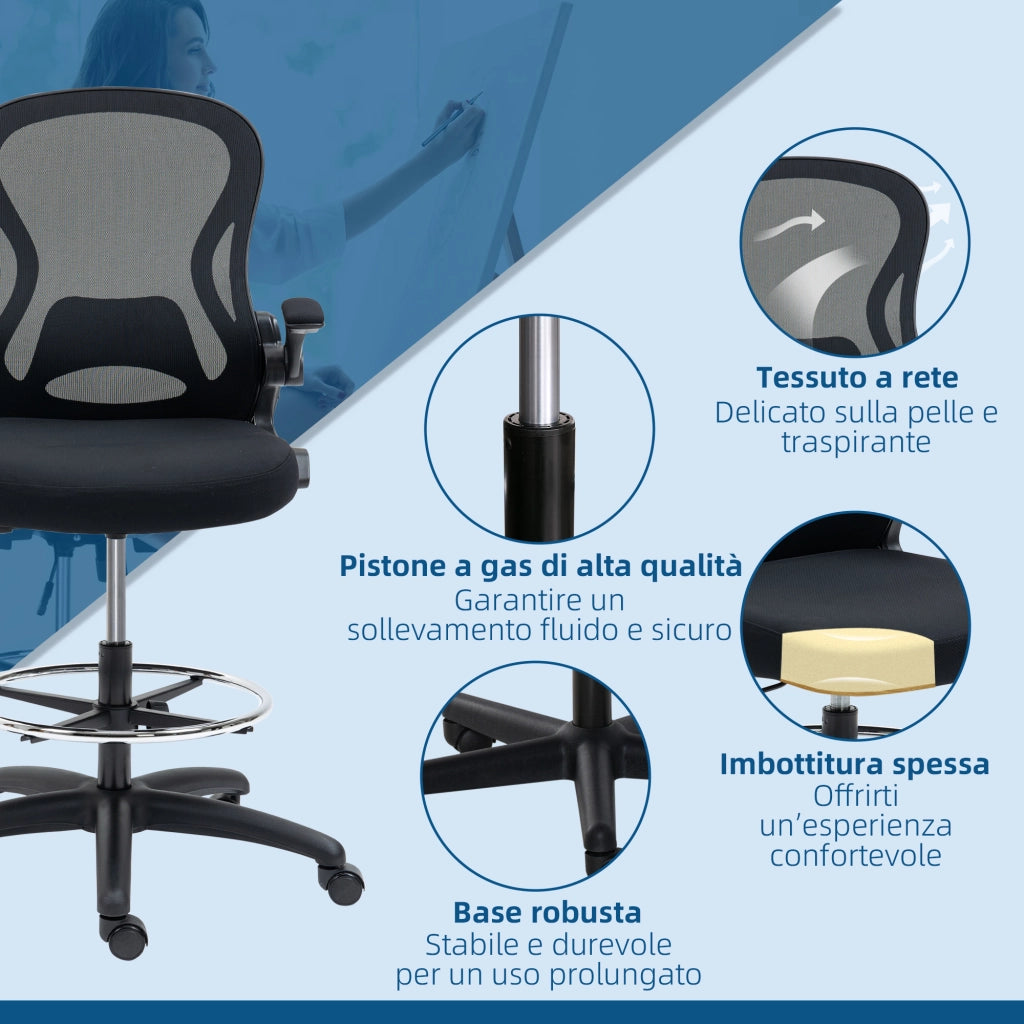 Sedia da Ufficio 59x65x102-122 cm con Supporto Lombare Altezza Regolabile e Braccioli Ribaltabili in Tessuto a Rete Nero