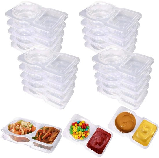 20 pacchetto di contenitori a doppio contenitore per salse, snack e dip, contenitori in plastica mini con coperchio per salse, snack e dip, resistenti al microonde e al congelatore.