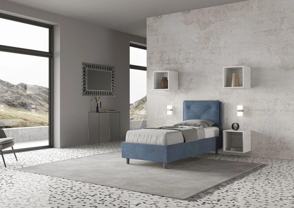 BS COM Letto singolo senza rete imbottito 90x210 microfibra blu