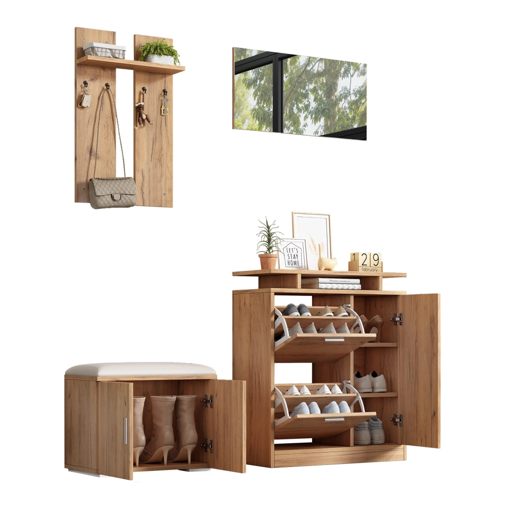 Set ingresso con scarpiera; panca; specchio e ganci; 140x35x133 cm; effetto legno naturale