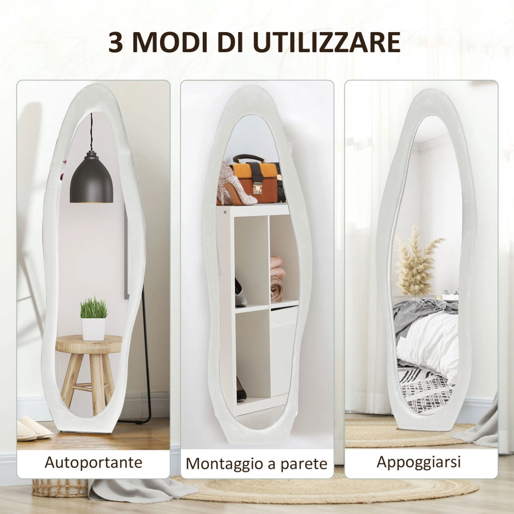 Specchio a Figura Intera con Cornice Ondulata in Velluto, Specchio da Terra e da Parete, 160x50 cm, Bianco