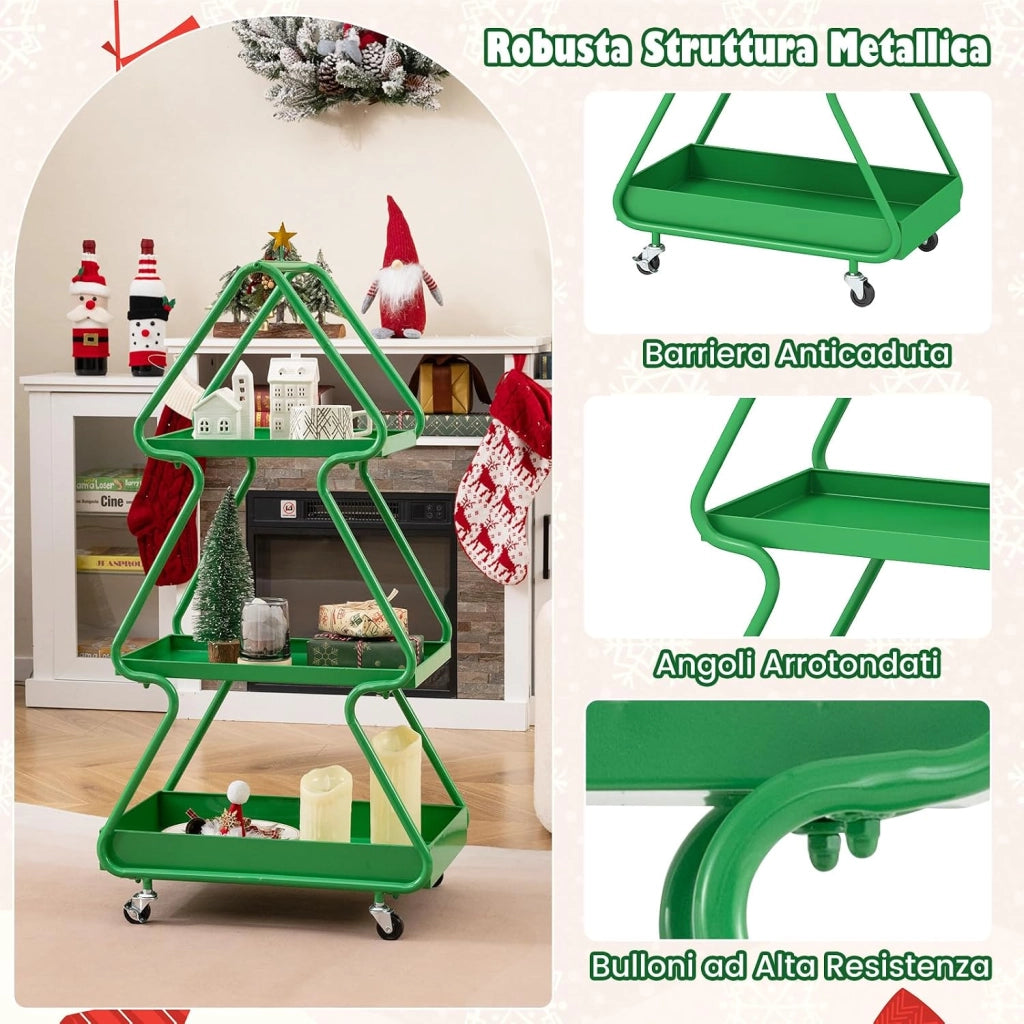 Carrello Natalizio Girevole a 3 Livelli, Carrello Porta Albero di Natale con Stella in Alto, Struttura Metallica con Ruote, per Soggiorno e Camera da Letto