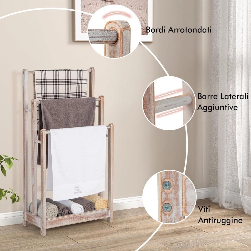 Portasciugamani in Legno da Terra, Porta Asciugamani a 3 Livelli con Mensola Inferiore, Dispositivo Anti-Ribaltamento, Supporto Leggero per Asciugamani da Bagno e Stanza Lavanderia (Bianco)