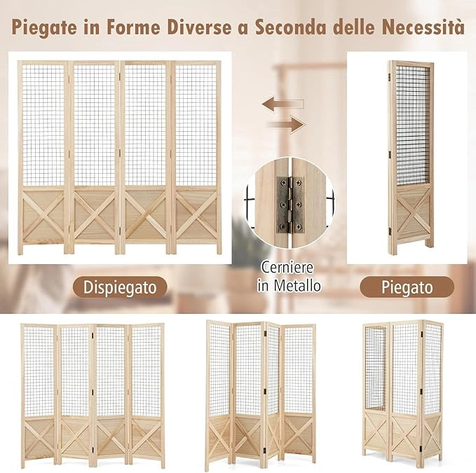 Paravento a 4 Pannelli, Separé Divisorio Interno Pieghevole, Pannelli Divisori a Griglia in Legno per Casa, Ufficio, Fiera dell'Artigianato, Vendita al Dettaglio, Eventi