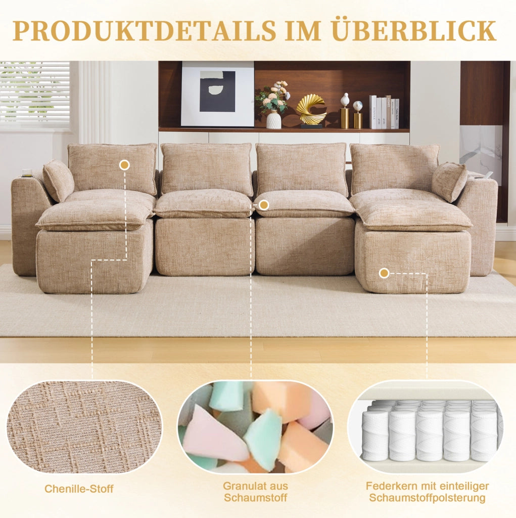 Divano modulare 4 posti in tessuto chenille kaki con 2 pouf, cuscini, portabicchieri e tasche laterali