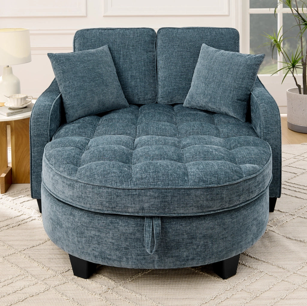 Divano letto 2-in-1 con pouf contenitore 132x129x93 cm; legno di eucalipto blu